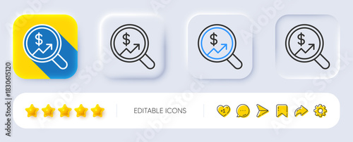 Business Audit or Statistics line icon. Neumorphic, Flat shadow, 3d buttons. Analytics with charts symbol. Search Magnifier sign. Line currency audit icon. Social media icons. Vector