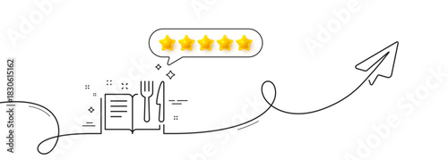 Recipe book line icon. Continuous line with share plane. Cutlery sign. Fork, knife symbol. Five star rate review in speech bubble. Recipe book single line ribbon. Loop curve pattern. Vector