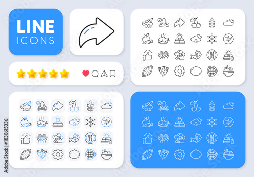 Fish dish, Food and Cloudy weather line icons for web app. Message, Share, Like social media icons. Pack of Co2, Solar panel, Flood insurance pictogram icons. Vector