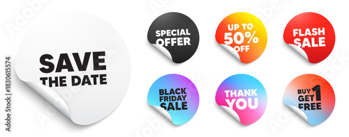 Save date sticker tag. Special offer paper price tags. Save the date tag. Calendar meeting offer. Save appointment message. Discount, black friday sticker. Promo banner. Vector