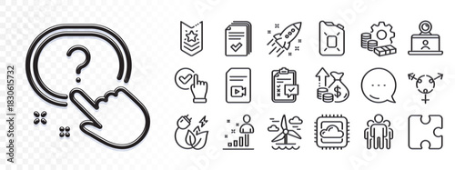 Handout, Puzzle and Checkbox line icons for web app. Glare of light effect. Message icon. Pack of Inflation, Stats, Group pictogram icons. Question button, Windmill, Startup rocket signs. Vector