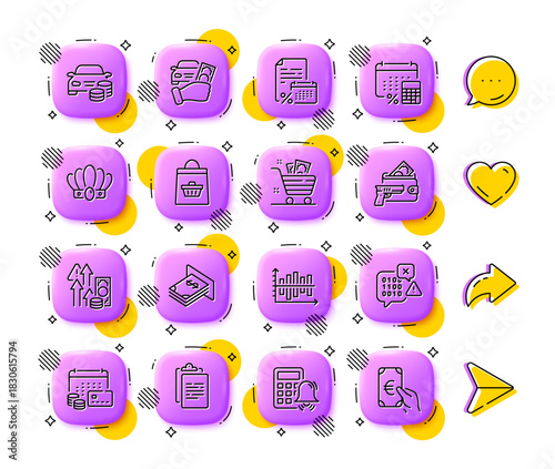 Annual tax, Clipboard and Rent car line icons. App 3d buttons. Social media comment, share, like icons. Pack of Grocery basket, Diagram chart, Armed robbery icon. Vector