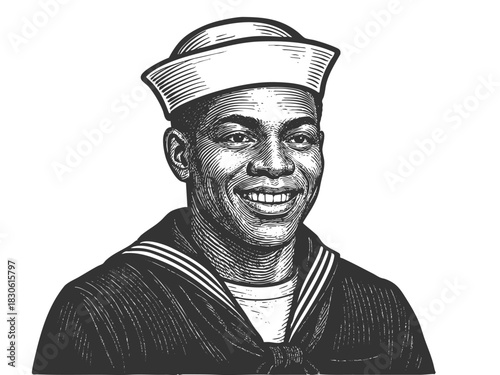 cheerful bearded sailor in classic striped navy uniform, perfect for nautical, vintage, or maritime themes sketch engraving generative ai vector illustration. Scratch board. Black and white.