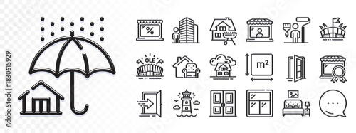 Market seller, Best market and Home insurance line icons for web app. Glare of light effect. Message icon. Pack of Open door, Furniture, Furniture moving pictogram icons. Vector
