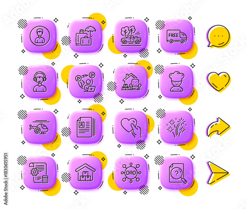 Free delivery, Consultant and Dao line icons. App 3d buttons. Social media comment, share, like icons. Pack of Pickup, Fireworks, Person icon. Vector