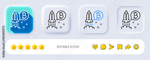 Bitcoin line icon. Neumorphic, Flat shadow, 3d buttons. Cryptocurrency startup sign. Crypto rocket symbol. Line bitcoin project icon. Social media icons. Vector