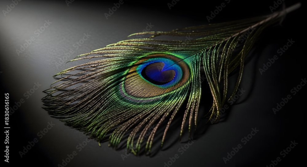 Obraz premium Single Majestic Peacock Feather Under Dramatic Spotlight on a Black Background