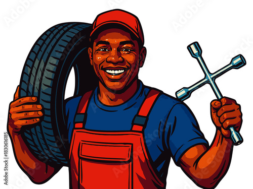 Tire Technician cheerful mechanic in uniform and gloves holding a car tire, ideal for automotive and repair themes. Generative ai vector colorful pop art illustration.