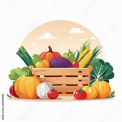 Harvest Bounty: A rustic wooden crate overflows with a vibrant assortment of freshly picked vegetables, showcasing nature's abundance and the season's harvest.