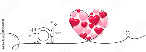 Restaurant food line icon. Continuous line big heart. Dinner sign. Hotel service symbol. 3d hearts in heart shaped loop. Restaurant food single line ribbon. Loop curve pattern. Vector