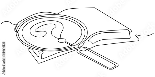 Continuous line drawing of book and magnifying glass, vector illustration, one line, Continuous one line drawing of book and magnifying glass, Vector of searching and education learning, positioned.