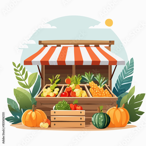 Fresh Produce Display: An inviting farmer's market stall is brimming with an array of fresh, vibrant fruits and vegetables, creating a tempting display of nature's bounty under a striped awning. 