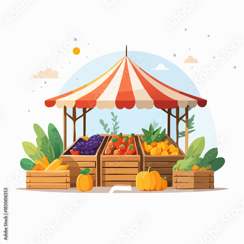 Fresh Market Display: A vibrant illustration depicts a rustic market stall overflowing with an assortment of fresh produce, capturing the essence of a bountiful harvest.