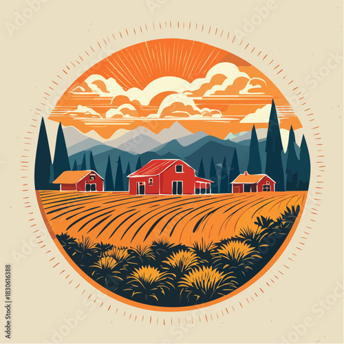 Rustic Farm Vista: A charming farmstead nestles amidst rolling hills, embraced by the warmth of a setting sun and the gentle embrace of nature's beauty, rendered in a delightful illustration.