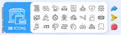 Discounts, Fast food and Interview job line icons. Interest rate, AI generate, Inflation icons. Pack of Food market, Wall lamp, Loyalty points icon. Vector