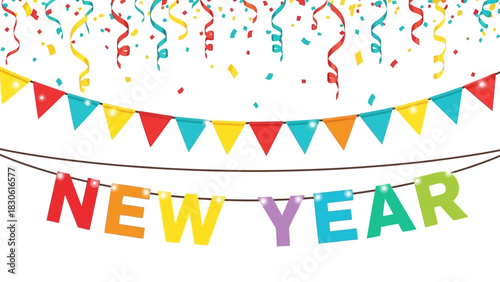 Colorful new year celebration design with confetti streamers flags