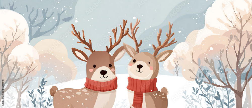 Naklejka premium Two cartoon reindeers wearing red scarves in a snowy winter landscape art
