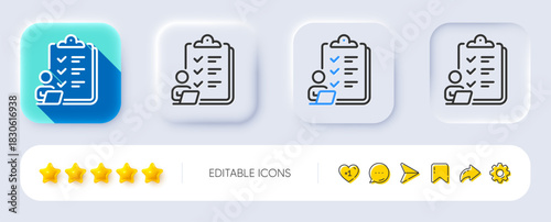 Checklist line icon. Neumorphic, Flat shadow, 3d buttons. Clipboard document sign. Questioning survey symbol. Line checklist icon. Social media icons. Vector