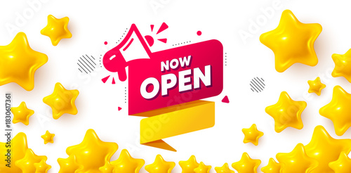 Now open winner banner with 3d stars. Golden stars banner. Now open banner. Announcement notice tag. Megaphone message icon. Review rate background. Vector