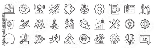 Startup line icons. Settings gear, Message, Inflation icons. Launch Project, Business report, Target icons. Strategy, Development plan, Startup space rocket. Vector