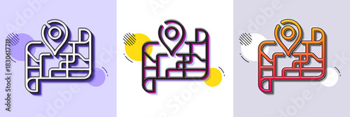 Map line icon. Halftone dotted pattern. Gradient icon with grain shadow. Place pin sign. Road trip symbol. Line map icon. Various designs. Vector