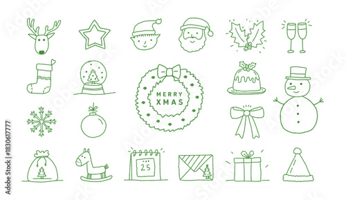 Chalk-crayon retro doodle Christmas and New Year hand-drawn vintage icons:reindeer, star, Santa, holly, stocking, snow globe, wreath, pudding, snowman,snowflake,gift,calendar, rocking horse,Santa hat.