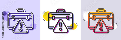 Warning briefcase line icon. Halftone dotted pattern. Gradient icon with grain shadow. Attention triangle sign. Caution diplomat symbol. Line warning briefcase icon. Various designs. Vector