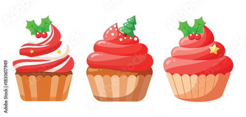 3 Colorful Christmas Cupcake Ornament Icons Pack Showcasing Decorative Holiday Desserts for Digital Design and Seasonal Illustration Work