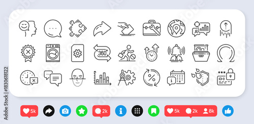 Strategy, Washing machine and Time management line icons pack. Social media: share, comment, like icons. Calendar, Cogwheel dividers, Jobless web icon. Dots message, Good mood, Time pictogram. Vector