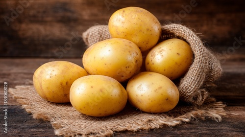 Freshly harvested raw potatoes spilling from a burlap sack on a dark rustic wooden surface