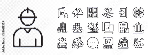 Radiator, Diesel canister and Building energy line icons for web app. Glare of light effect. Message icon. Pack of Petrol station, Skyscraper buildings, Engineer pictogram icons. Vector