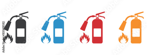 Fire extinguisher icons in multiple colors, essential safety symbols for emergency preparedness, ideal for workplace hazard visuals, warning signs, and critical environment safety illustrations.