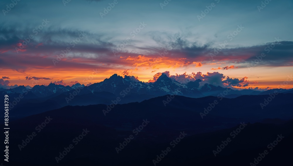 Fototapeta premium Mountain landscape with vibrant sunset and cloudy sky, suitable as a background for outdoor travel content