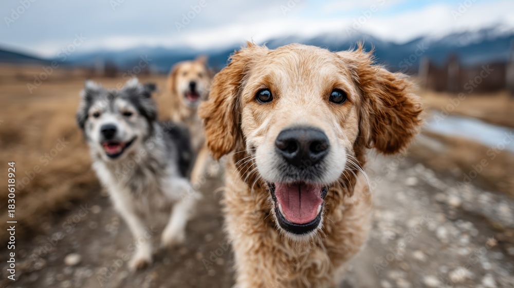 Obraz premium Three joyful dogs running in unison along a dirt path, embodying happiness and freedom, set against a backdrop of breathtaking mountains and open fields.