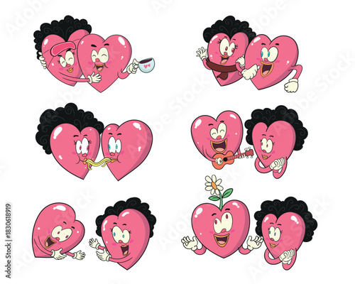 Wacky lowbrow heart couple characters in playful scenes with pop surrealism charm bold colors expressive poses and fun storytelling perfect for merchandise sticker packs apparel prints branding and cr