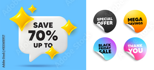 Discount speech bubble, sticker tags. Offer, Black friday stickers. Save up to 70 percent tag. Discount Sale offer price sign. Special offer symbol. Thank you tag. 3d sparkle chat bubble. Vector