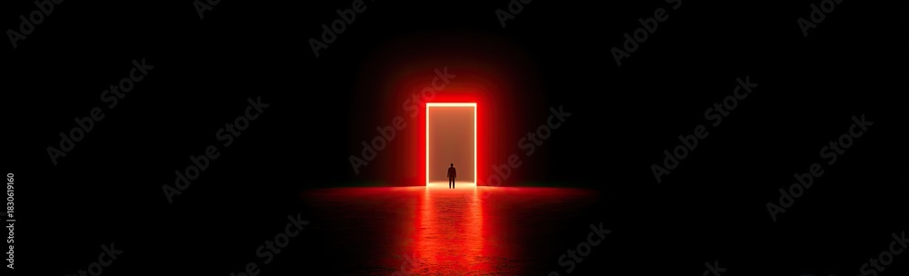 Obraz premium A silhouetted person stands before a vibrant red-lit doorway in a stark, black environment