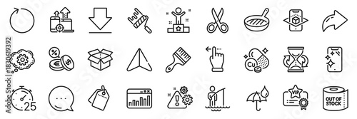 Copper mineral, Paint roller and Winner line icons pack. Share, Message, Paper plane icons. Touchscreen gesture, Brush, Open box web icon. Hourglass, Augmented reality, Toilet paper pictogram. Vector