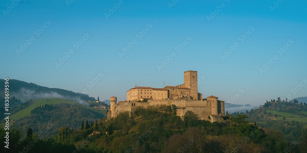 Obraz premium Pacentro village with tall towers, highlighting medieval architecture for historical preservation