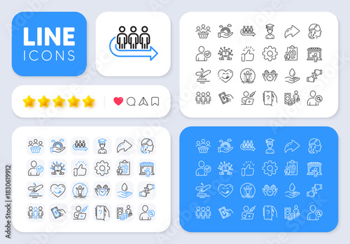 Identity confirmed, Group and Lgbt line icons for web app. Message, Share, Like social media icons. Pack of Water care, Safe time, Yummy smile pictogram icons. Vector