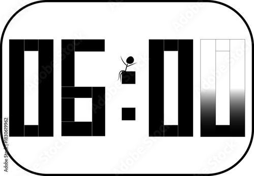 An electronic clock showing 6 o'clock and a little stretching man.