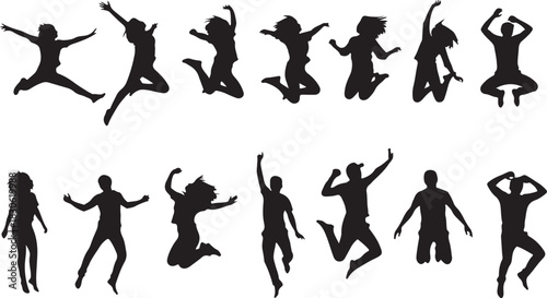 Diverse people jumping silhouettes full of joy excitement