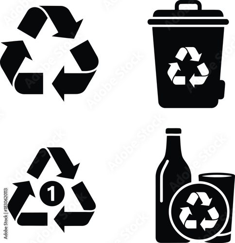 Black recycling symbols and trash bin icons on white background