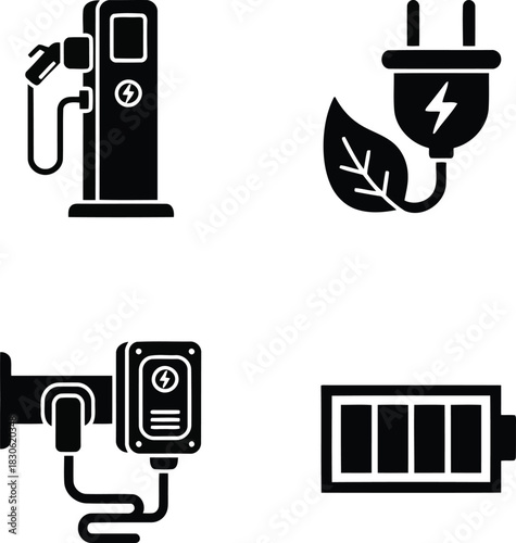 Electric vehicle charging station plug leaf battery icons