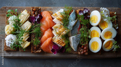 Nordic Protein Breakfast Board with Salmon, Mackerel, Eggs, and Rye Bread - Healthy Scandinavian Food Platter