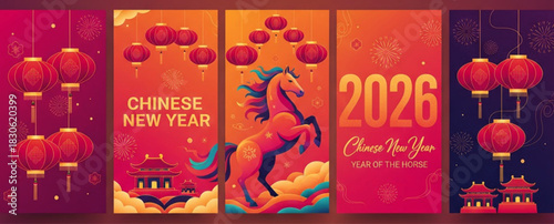 2026 Horse Year Set: Abstract Modern Vector Illustrations for Chinese New Year with Lantern, Horse, House & Traditional Elements for Icons & Print Design.
