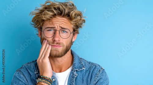 A thoughtful young man with curly hair and glasses touches his jaw, appearing concerned or contemplative, set against a solid blue background that emphasizes his expression.
