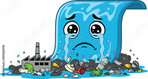 Sad polluted water cartoon illustration showing industrial waste, plastic trash, environmental contamination, eco awareness message, save clean water crisis concept