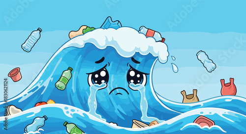 Sad crying ocean wave illustration showing plastic pollution, marine waste crisis, environmental damage, water contamination, and climate awareness in a cartoon style