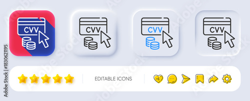 CVV code line icon. Neumorphic, Flat shadow, 3d buttons. Credit card sign. Online money symbol. Line cVV code icon. Social media icons. Vector